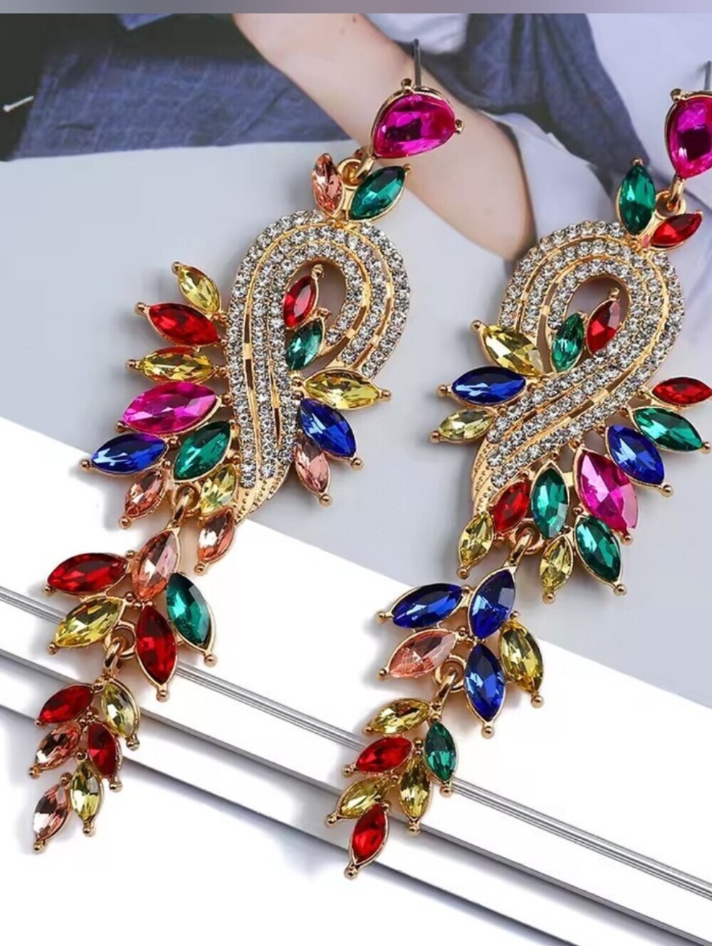 Multicolor Crystal Cascade Statement Earrings